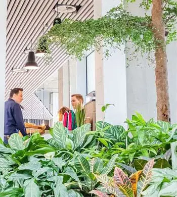 a group of people in a room with plants